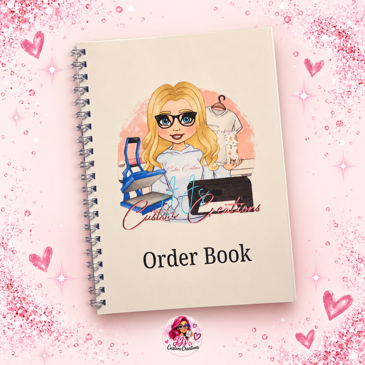 Personalised small-business order book cover on a square pink sparkle background