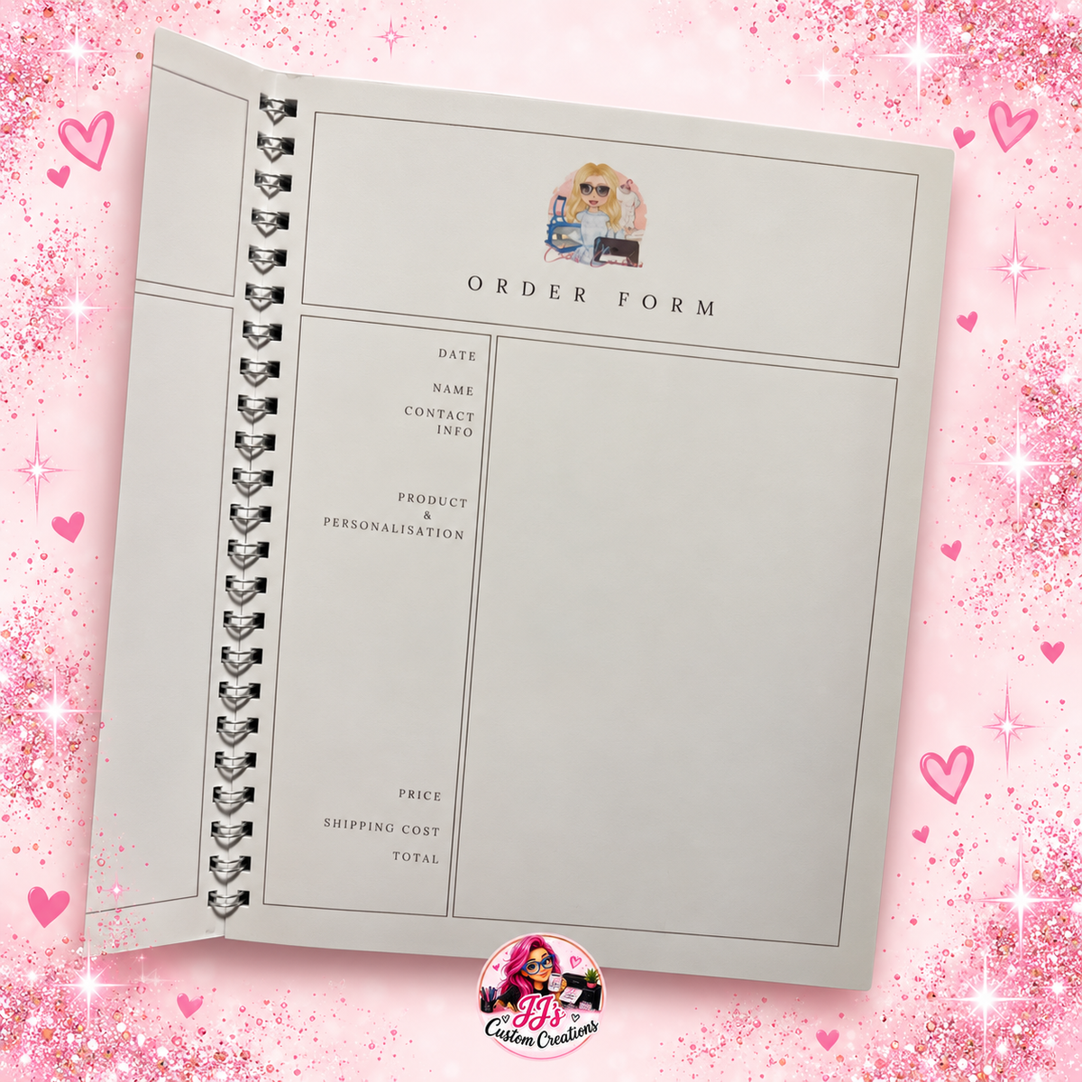 Open personalised small-business order form on a square pink sparkle background
