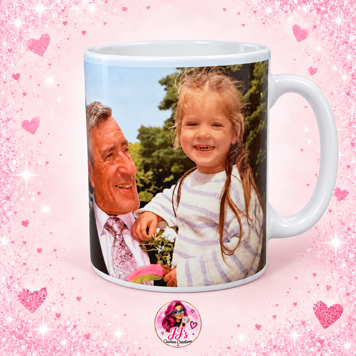 Personalised photo mug featuring a grandad and child on a square pink sparkle background