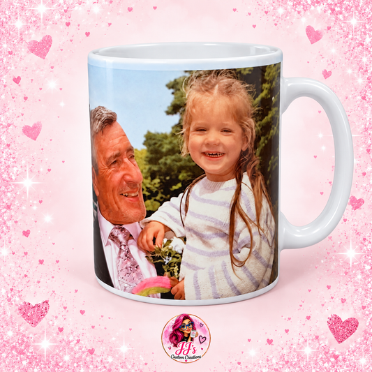 Personalised photo mug featuring a grandad and child on a square pink sparkle background