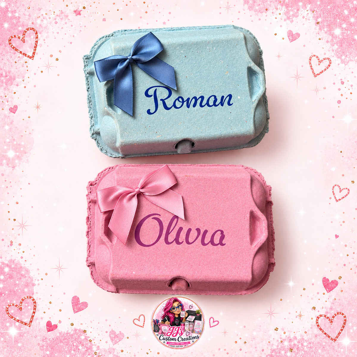 Personalised Roman and Olivia Easter egg boxes on a full square pink sparkle background with JJ's watermark