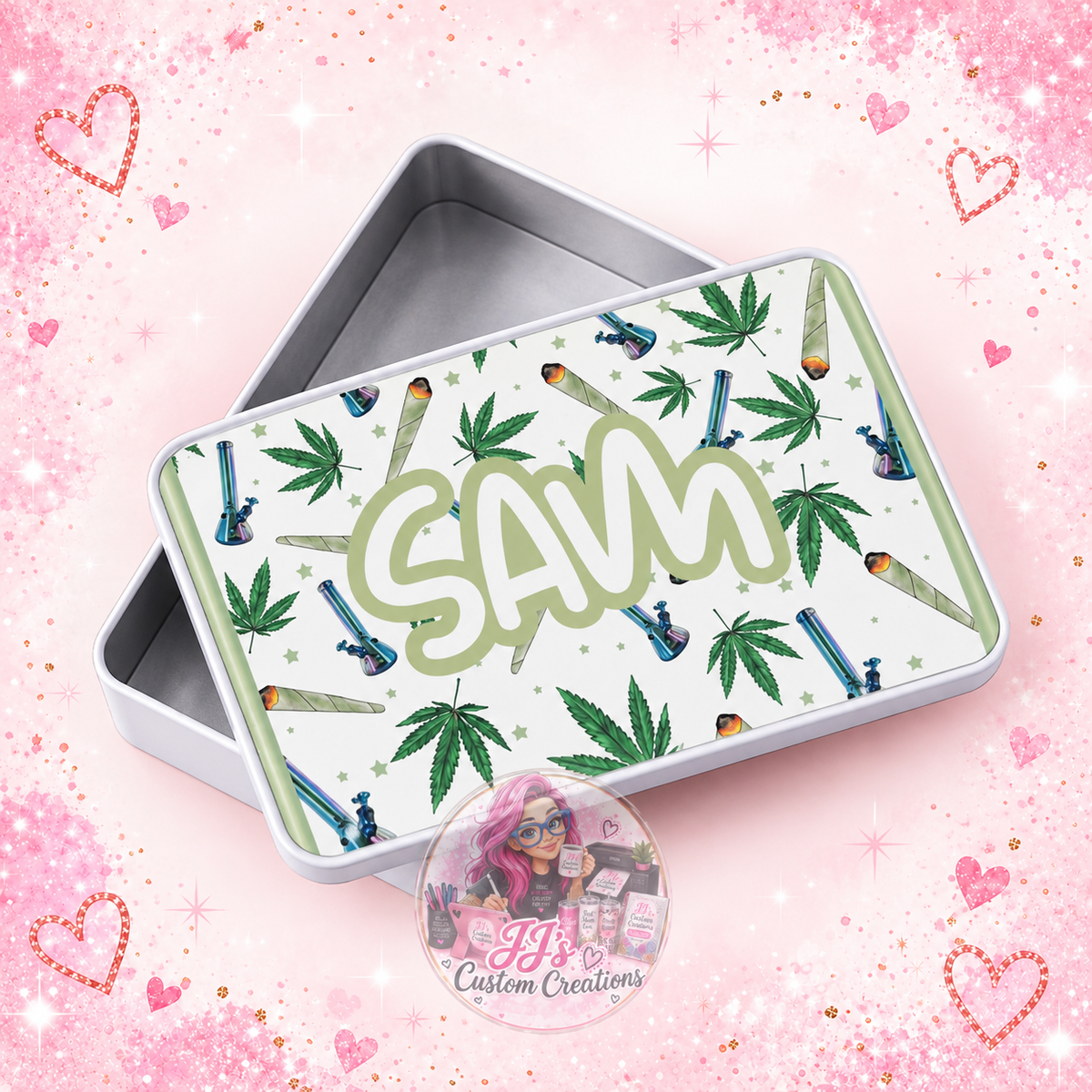 Personalised SAM metal storage tin with illustrated leaves on pink sparkle background with JJ's watermark