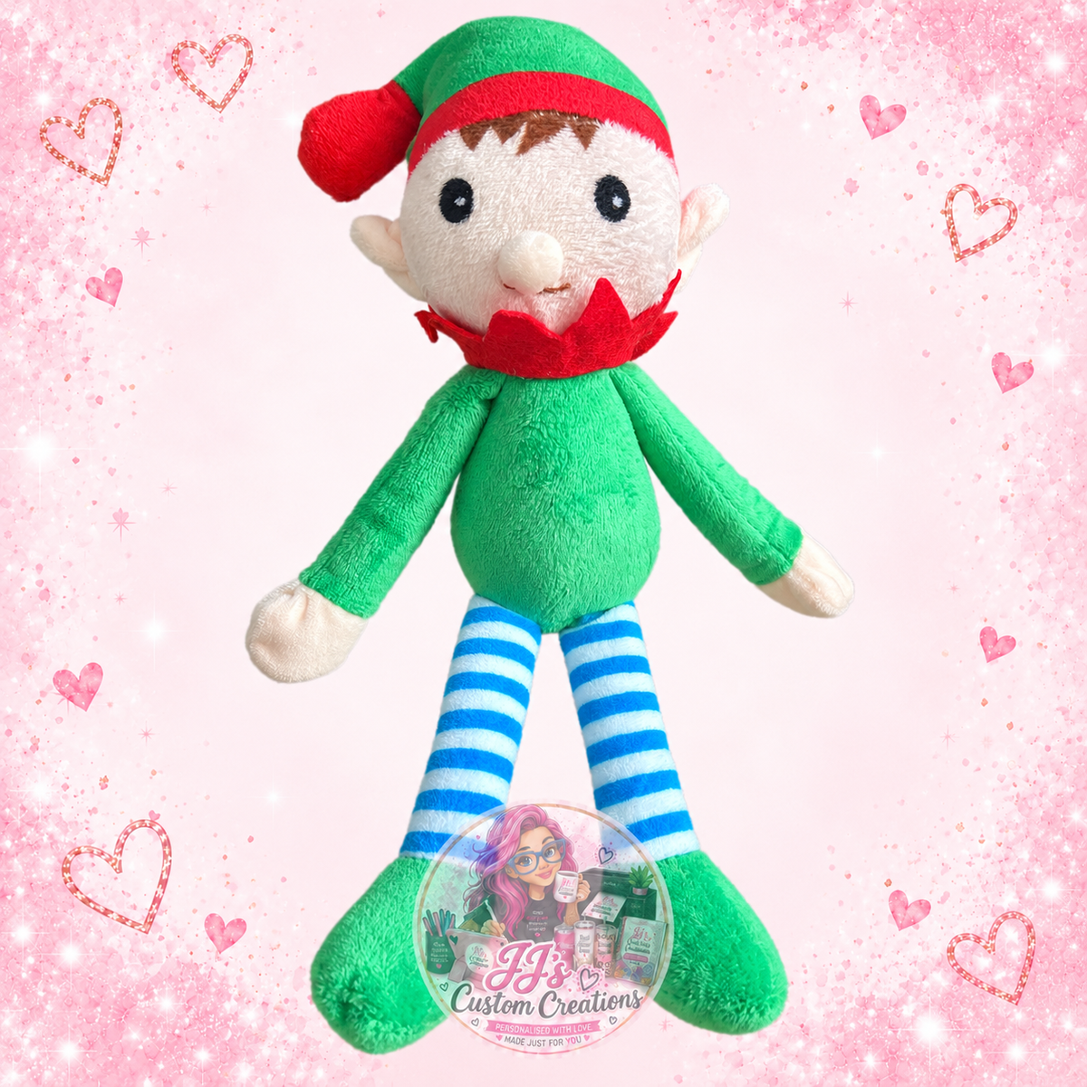 Personalised squishy Christmas elf on blush pink sparkle background