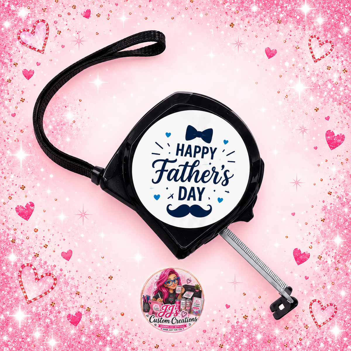 Personalised Happy Father's Day tape measure on pink sparkle background with JJ's Custom Creations watermark