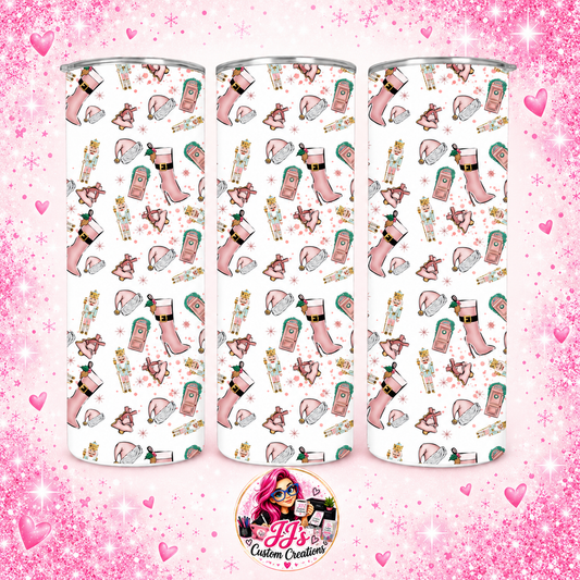 Pink Christmas pattern 20oz tumbler on a pale pink sparkle background