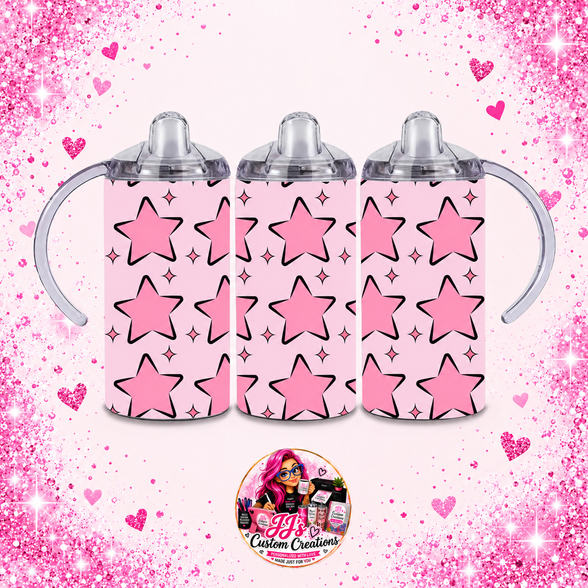 Pink Star 12oz Sippy Tumbler on JJ's Custom Creations pink sparkle background