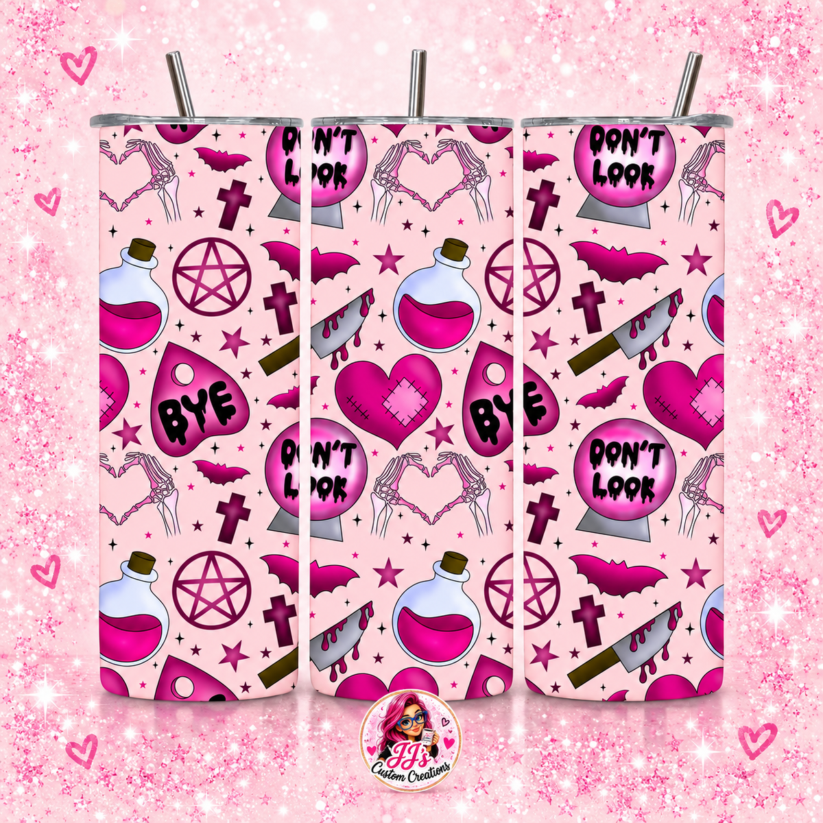 Pink witchy 20oz tumbler on a square pink sparkle background with JJ's Custom Creations watermark