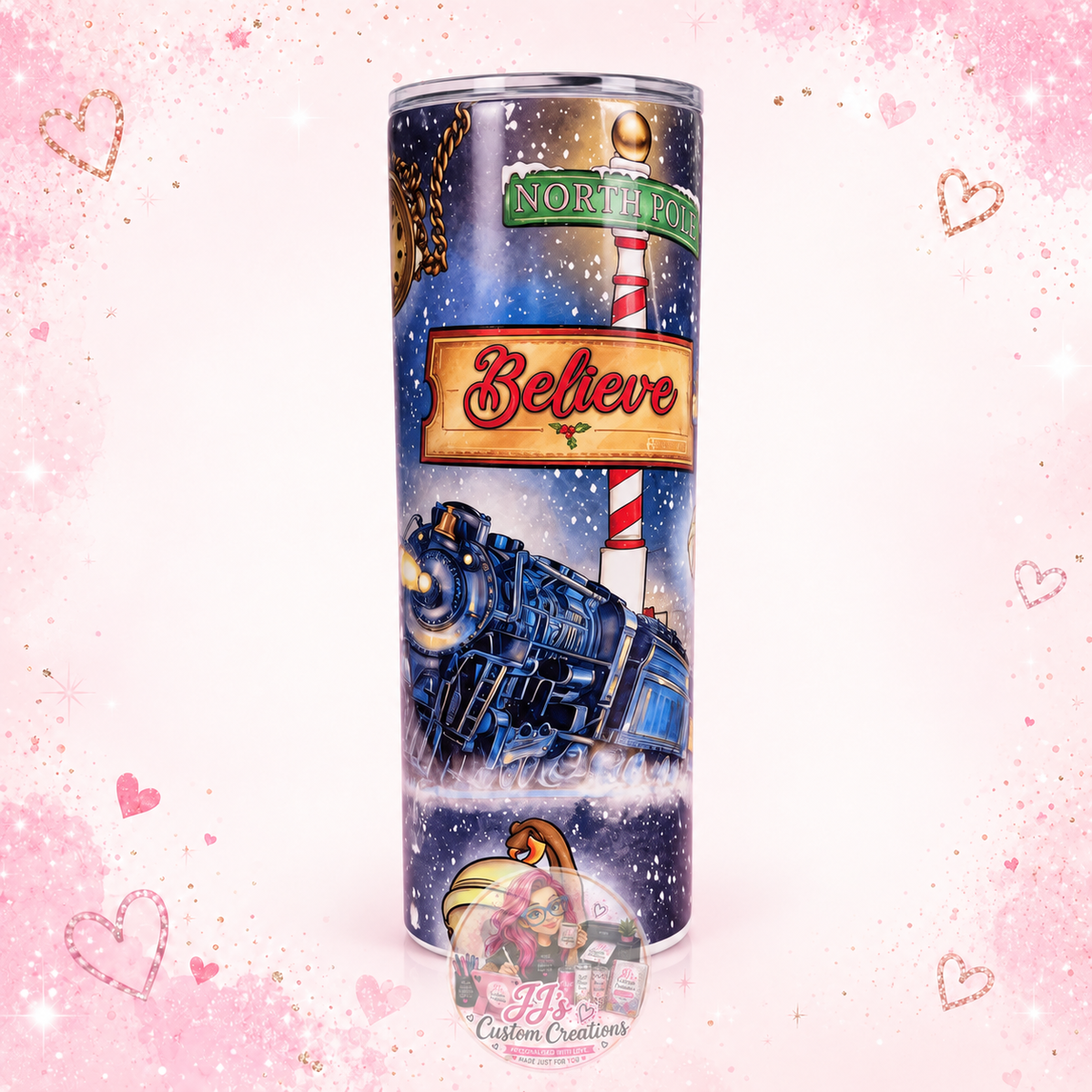 Polar Express-inspired 20oz tumbler on JJ's blush pink sparkle background