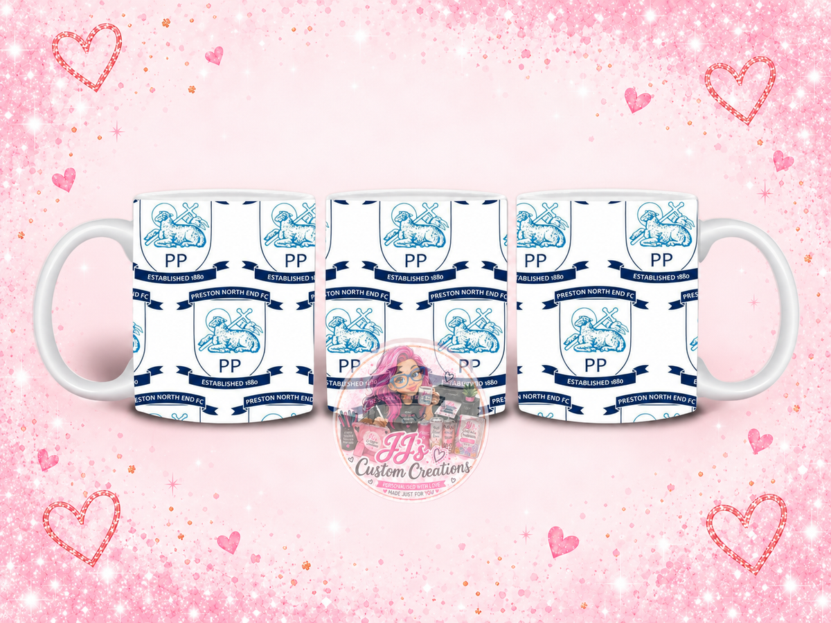 Preston North End FC football novelty mug on JJ’s blush pink sparkle background