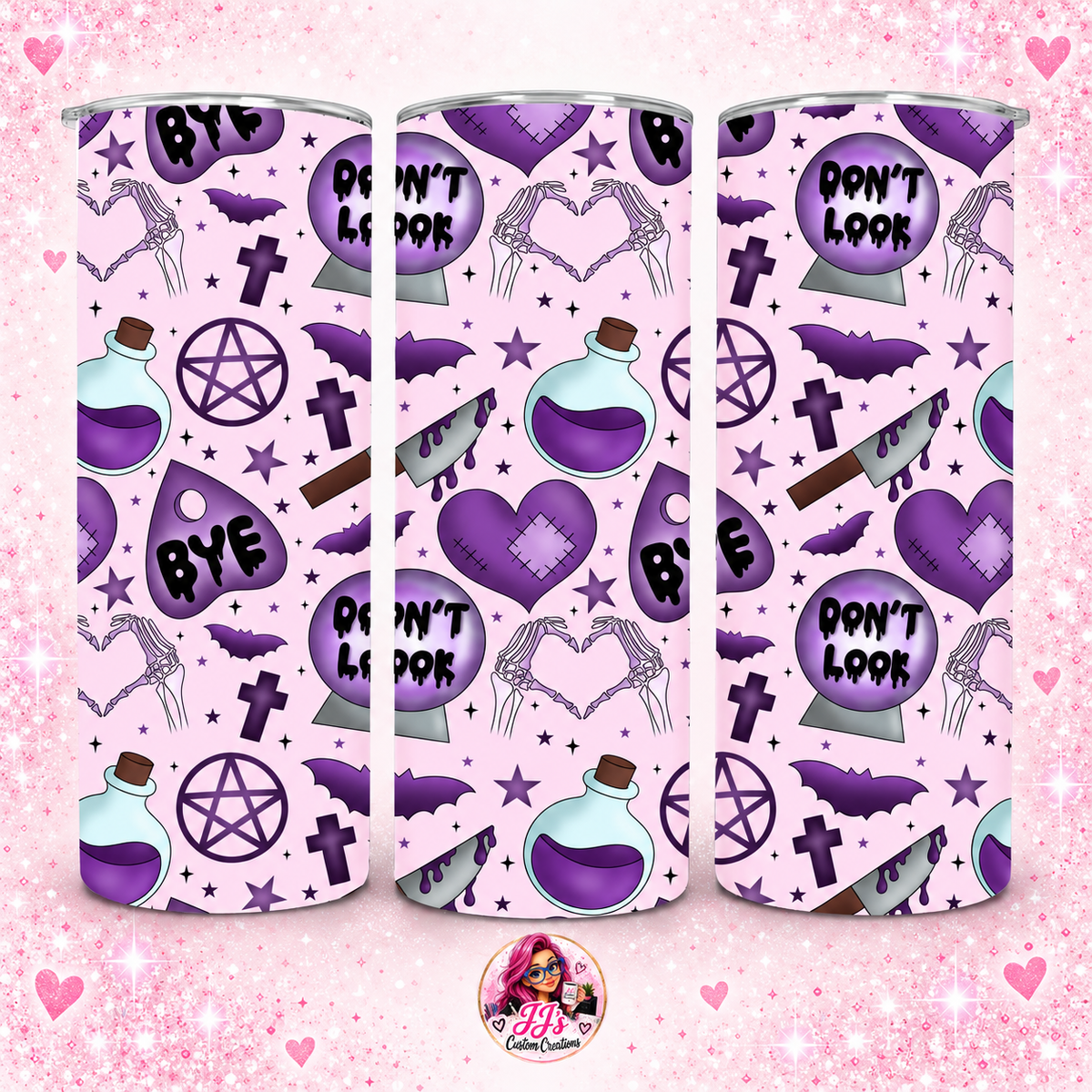 Purple witchy 20oz tumbler on a square pink sparkle background with JJ's Custom Creations watermark