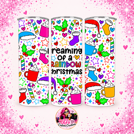 Rainbow Christmas 20oz tumbler on the approved light pink sparkle background