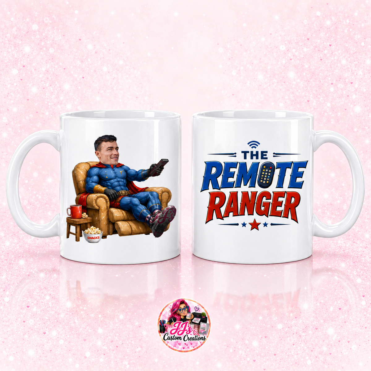 Personalised Remote Ranger mug on a light pale blush background with JJ's Custom Creations pink-haired logo