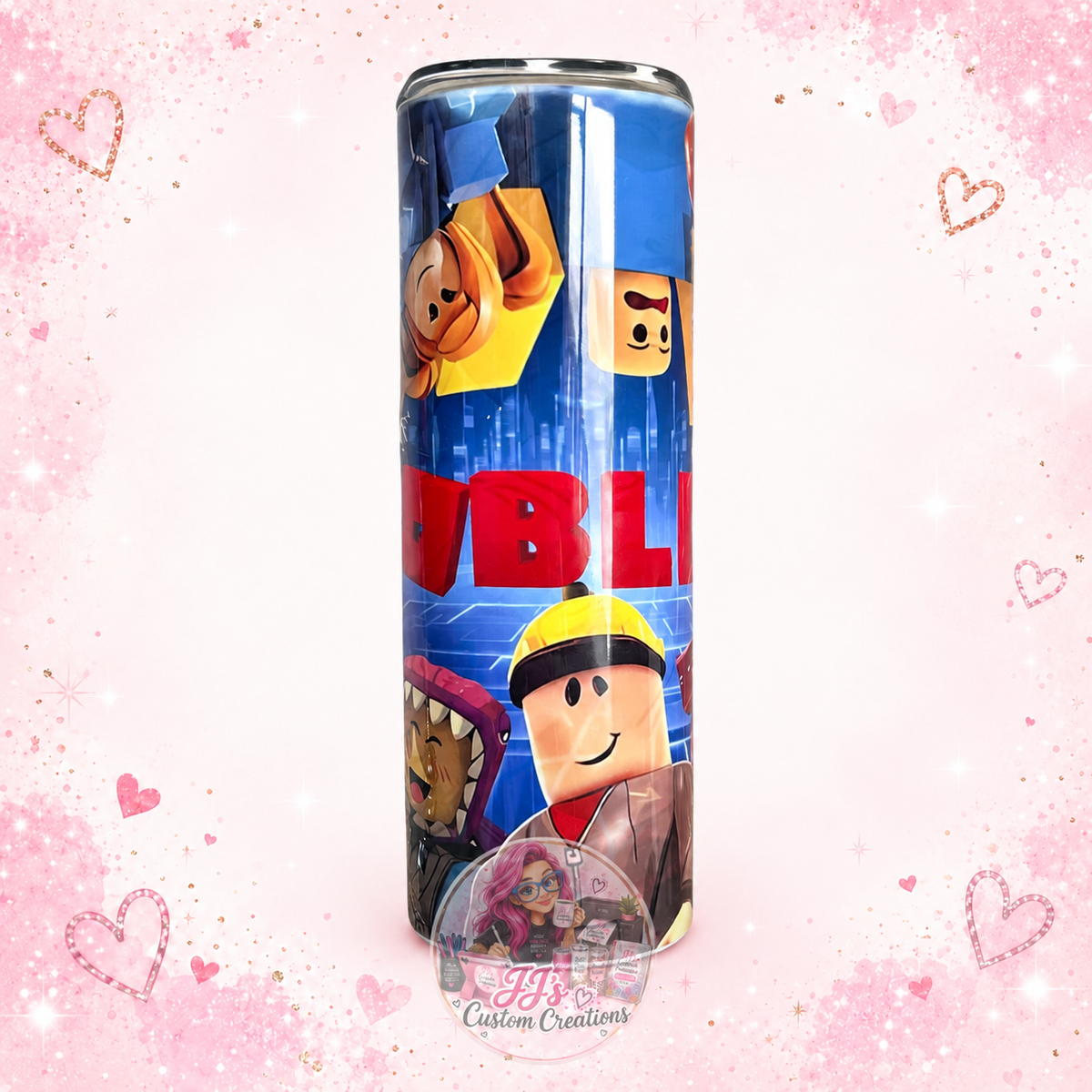 Roblox-inspired 20oz tumbler on JJ's blush pink sparkle background