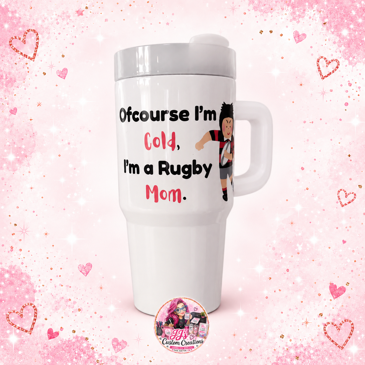 White 14oz Rugby Mom hot cup on a full square pink sparkle background with JJ's watermark