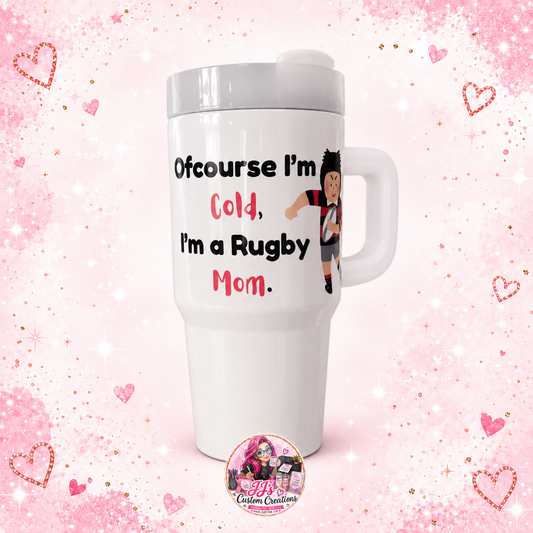 White 14oz Rugby Mom hot cup on a full square pink sparkle background with JJ's watermark