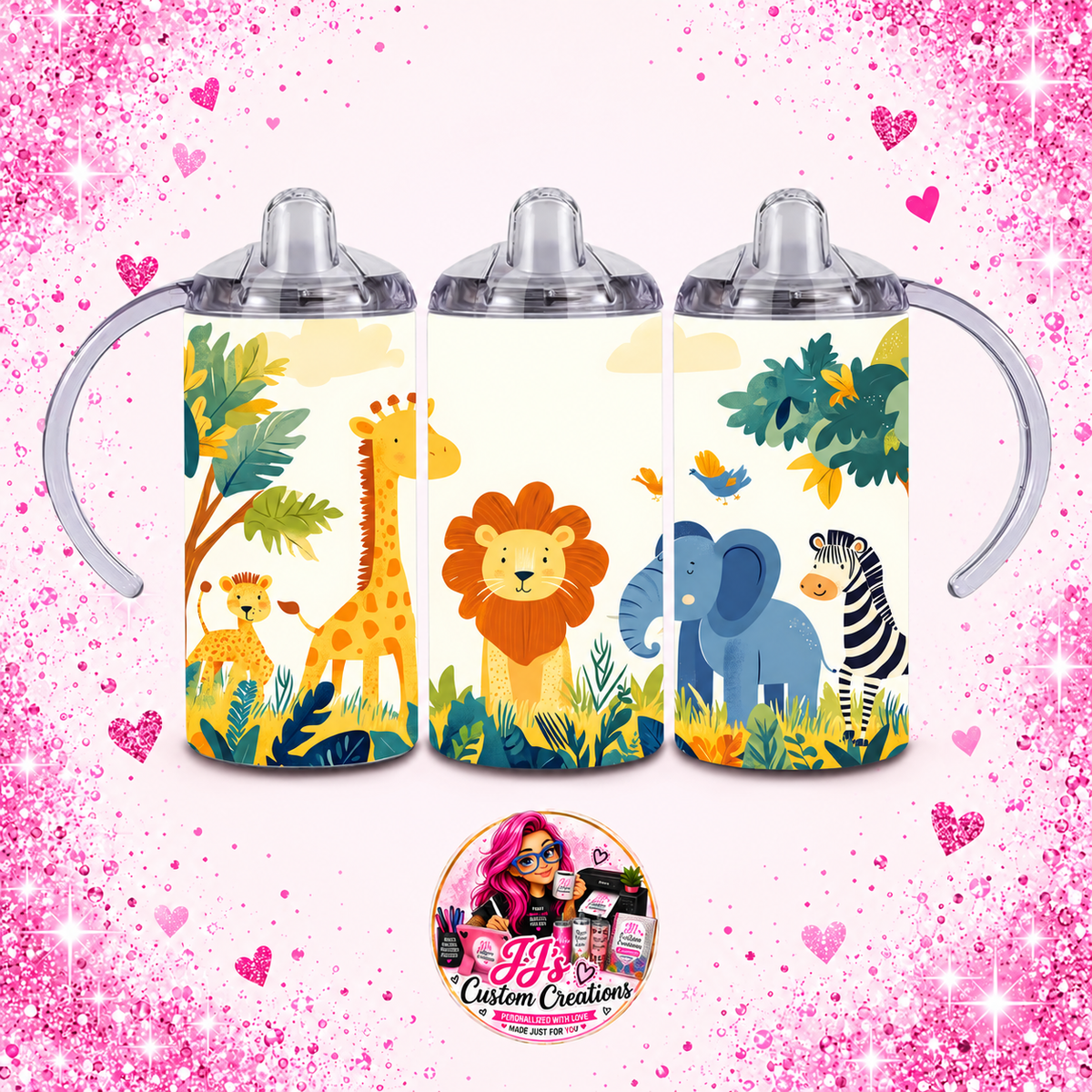 Safari 12oz Sippy Tumbler on JJ's Custom Creations pink sparkle background