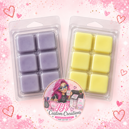 Purple and yellow six-cell wax melt clamshell packs on pink sparkle background with JJ's watermark