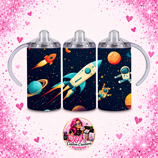 Space 12oz Sippy Tumbler on JJ's Custom Creations pink sparkle background