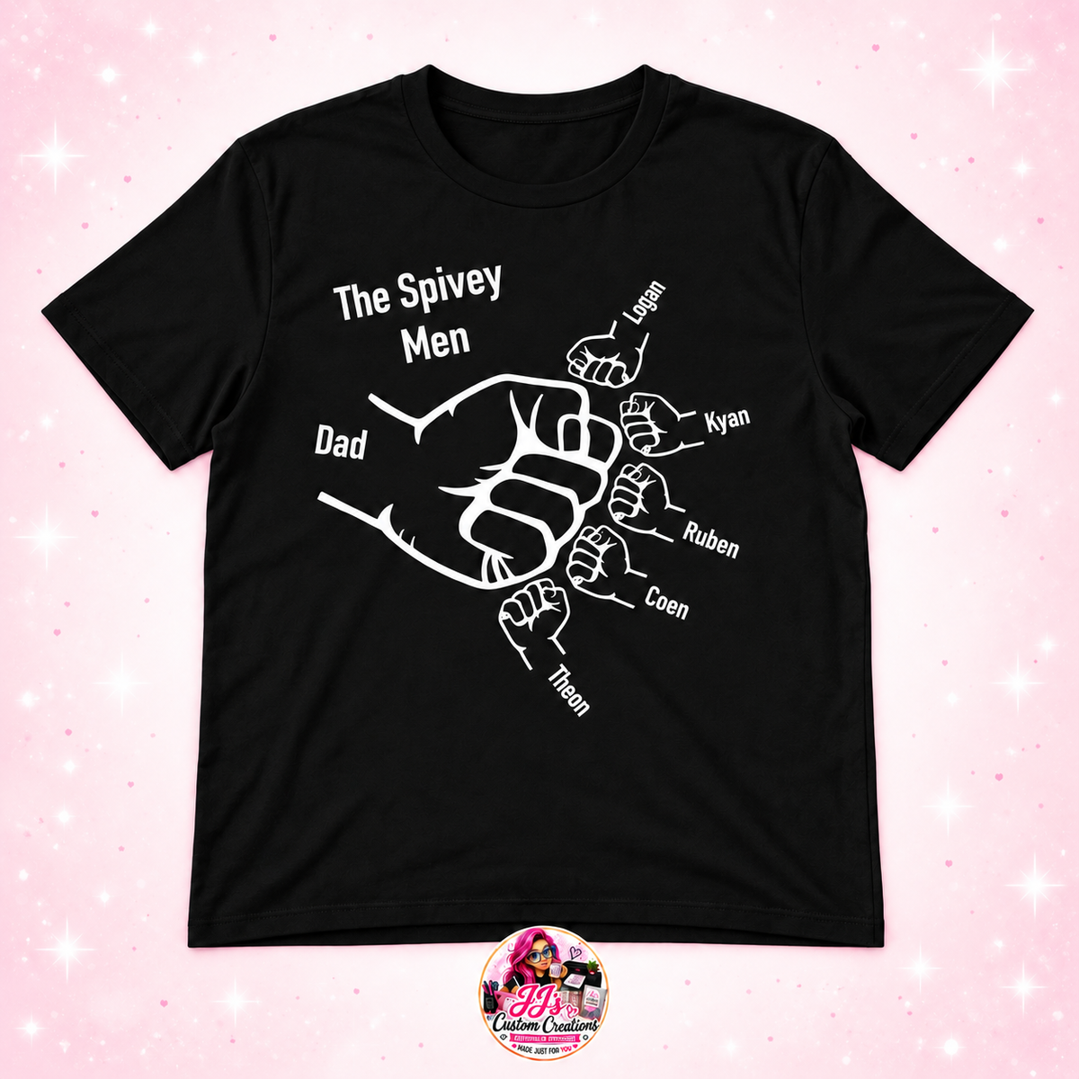 Black The Spivey Men fist bump T-shirt with family names on a light blush sparkle background