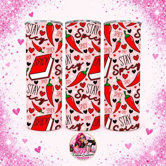 Stay Spicy 20oz tumbler on the approved light pink sparkle background