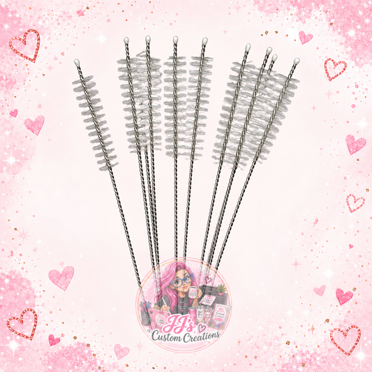 Reusable straw cleaning brushes on pale pink sparkle background with JJ's Custom Creations watermark