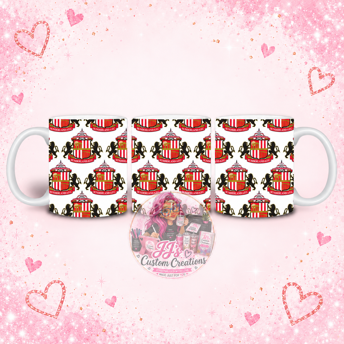 Sunderland AFC football novelty mug on JJ’s blush pink sparkle background