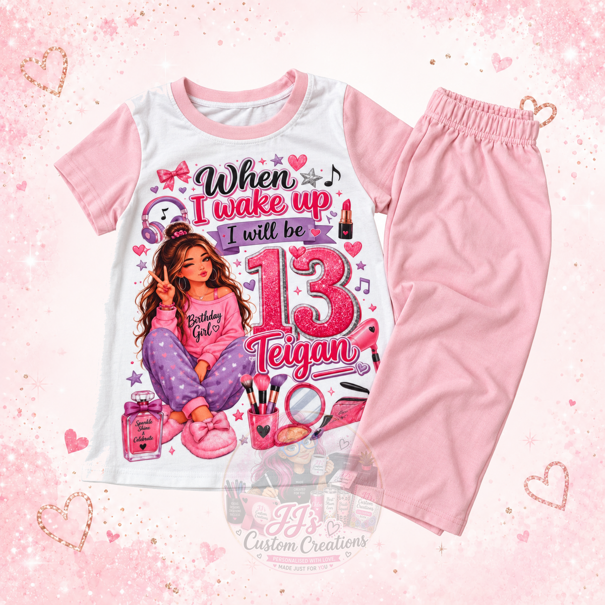 Personalised Teigan age 13 pink short pyjamas