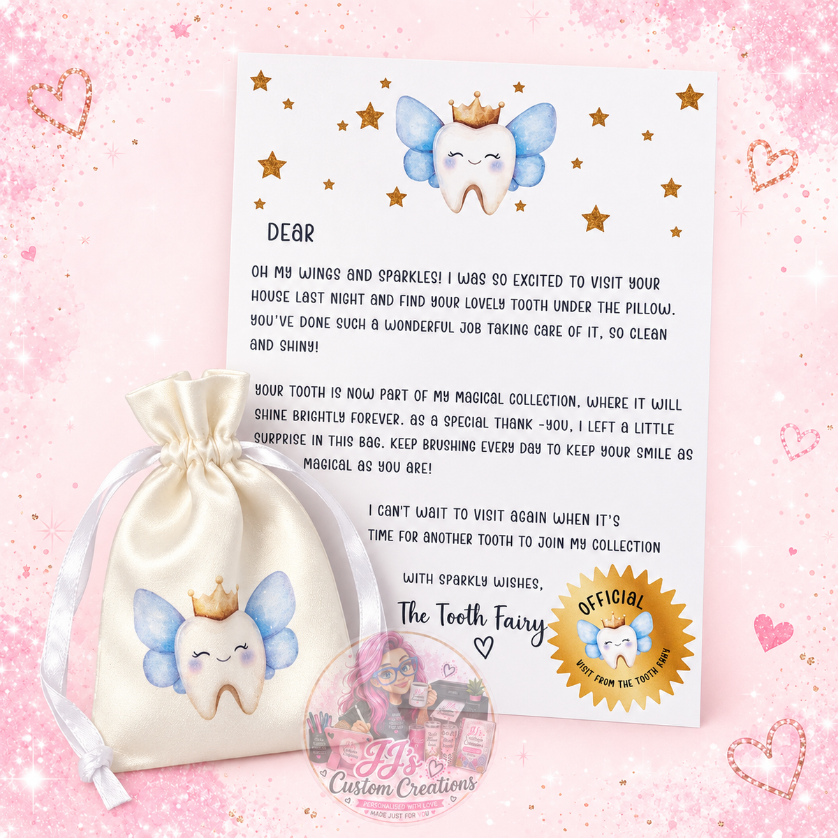 Tooth Fairy letter and keepsake bag set on JJ's blush pink sparkle background