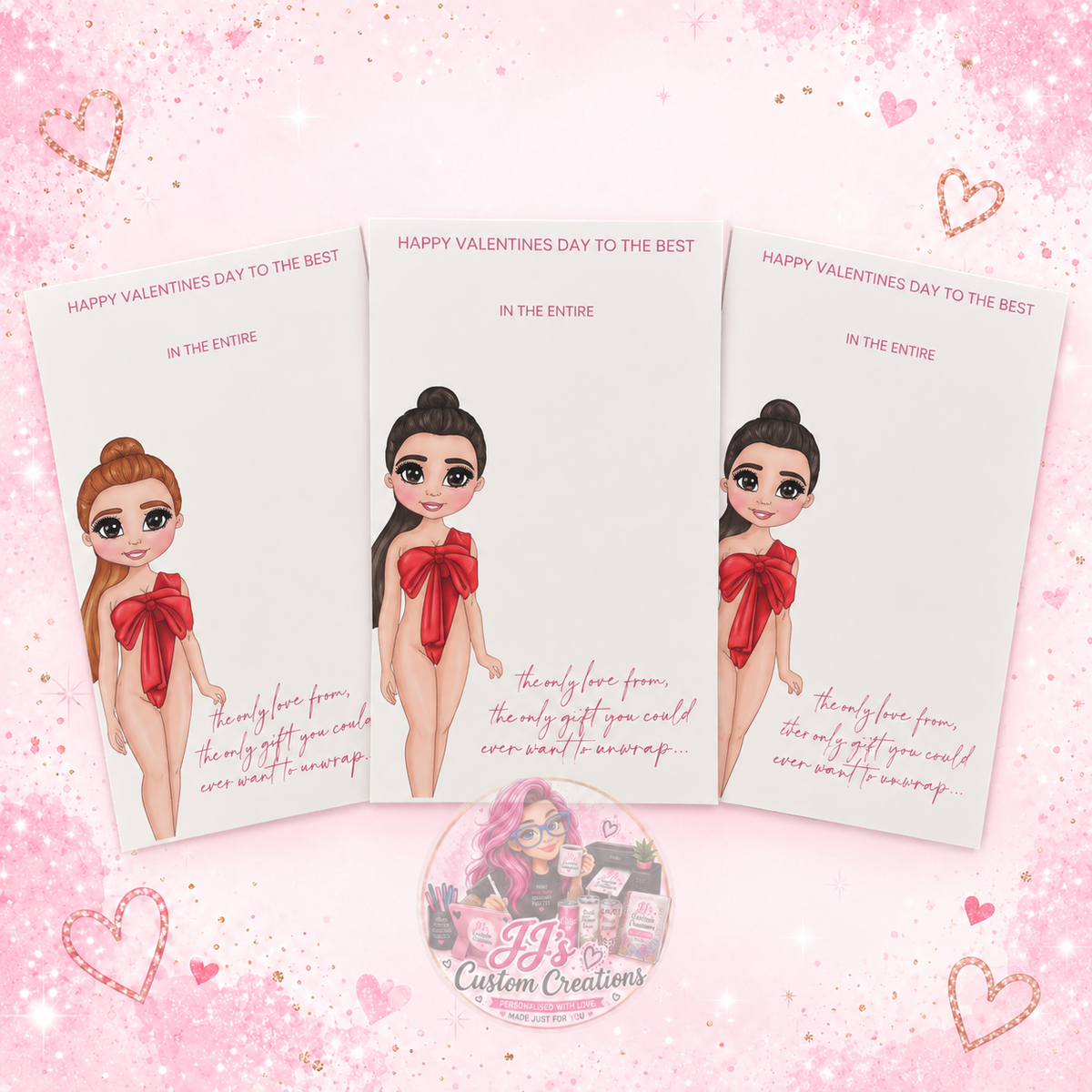 Three Valentine's Galaxy chocolate presentation boards on JJ's blush pink sparkle background