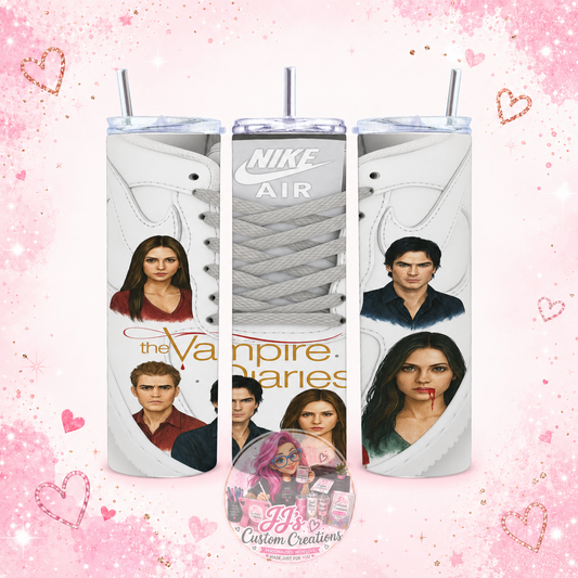 Vampire Diaries-inspired 20oz tumbler on JJ's blush pink sparkle background
