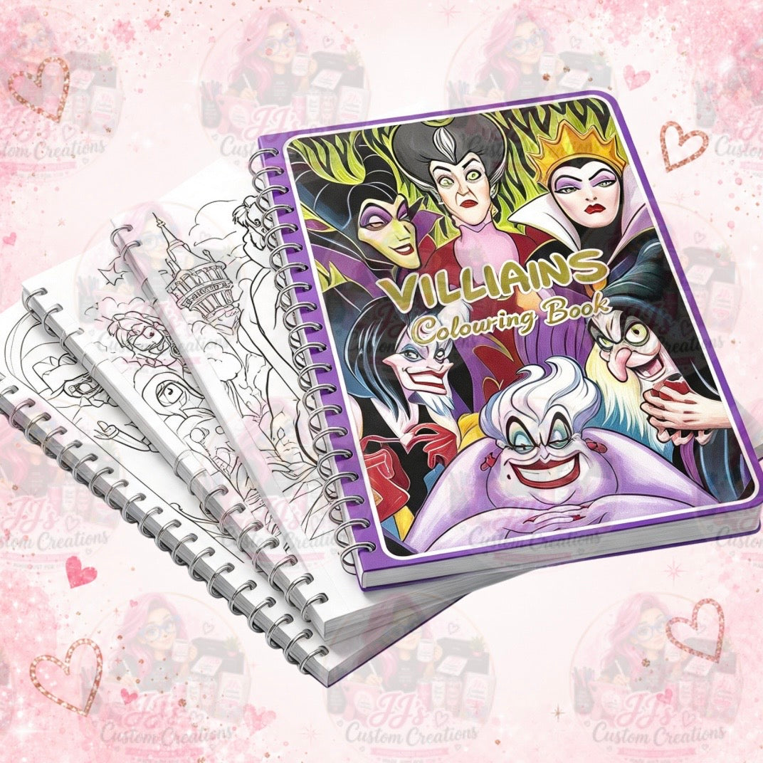 Villains A4 spiral-bound colouring book with 20 themed colouring pages