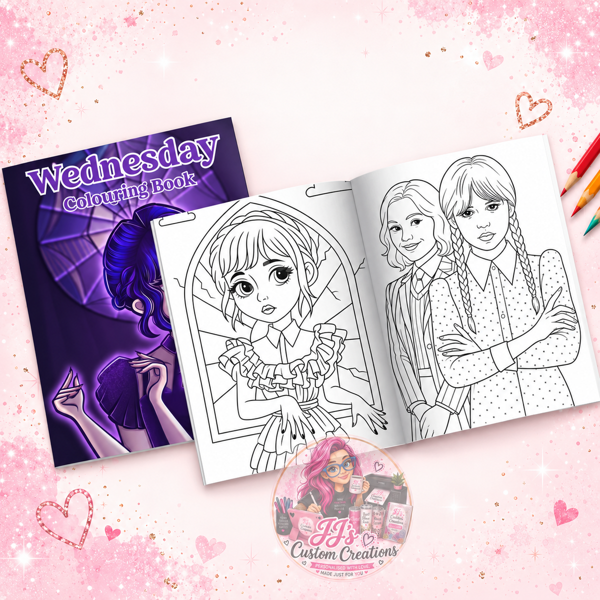 Wednesday colouring book and sample pages on JJ's blush pink sparkle background
