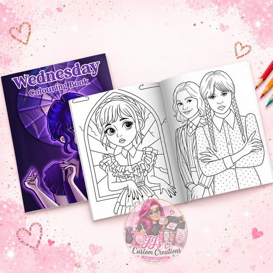 Wednesday colouring book and sample pages on JJ's blush pink sparkle background