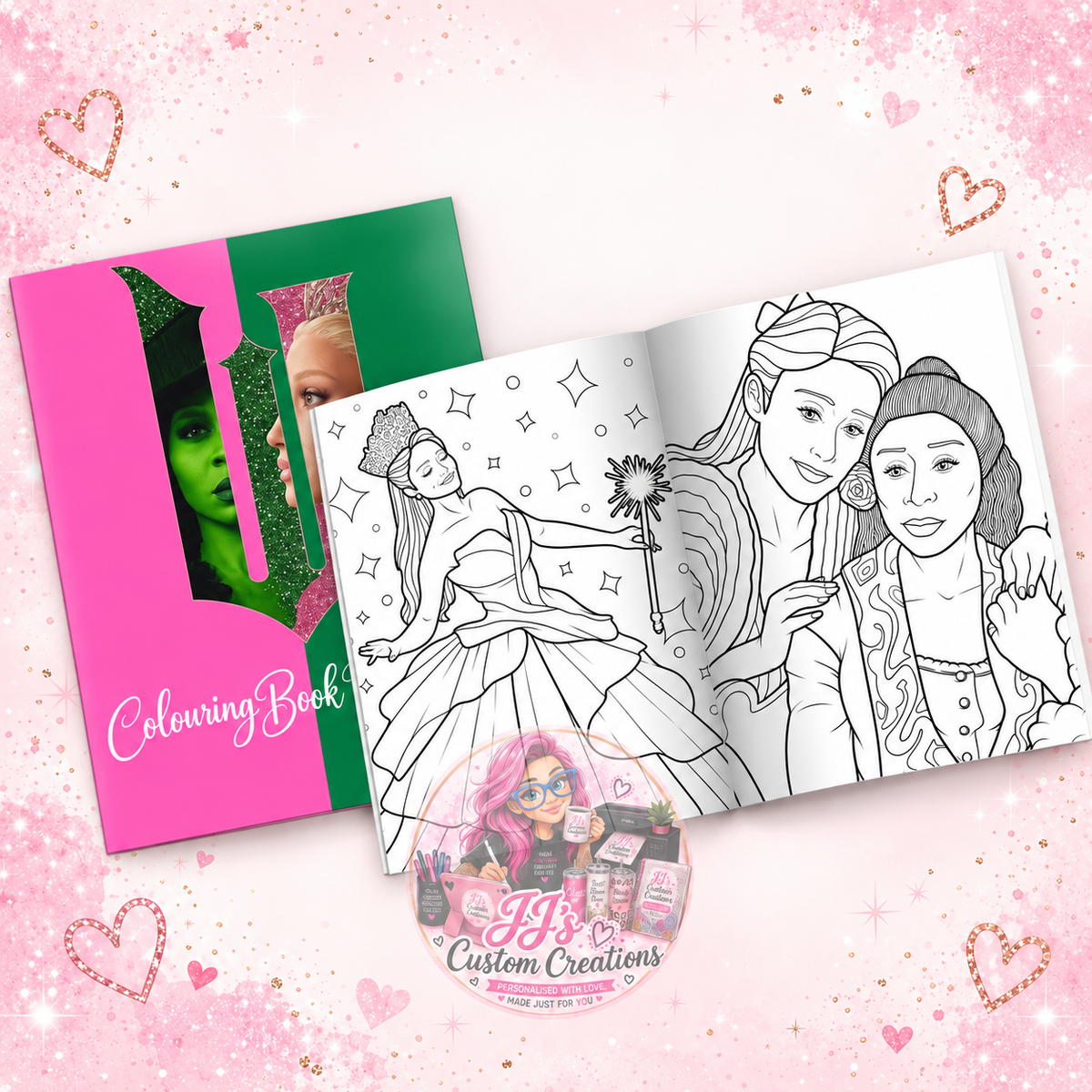 Wicked-inspired colouring book and sample pages on JJ's blush pink sparkle background