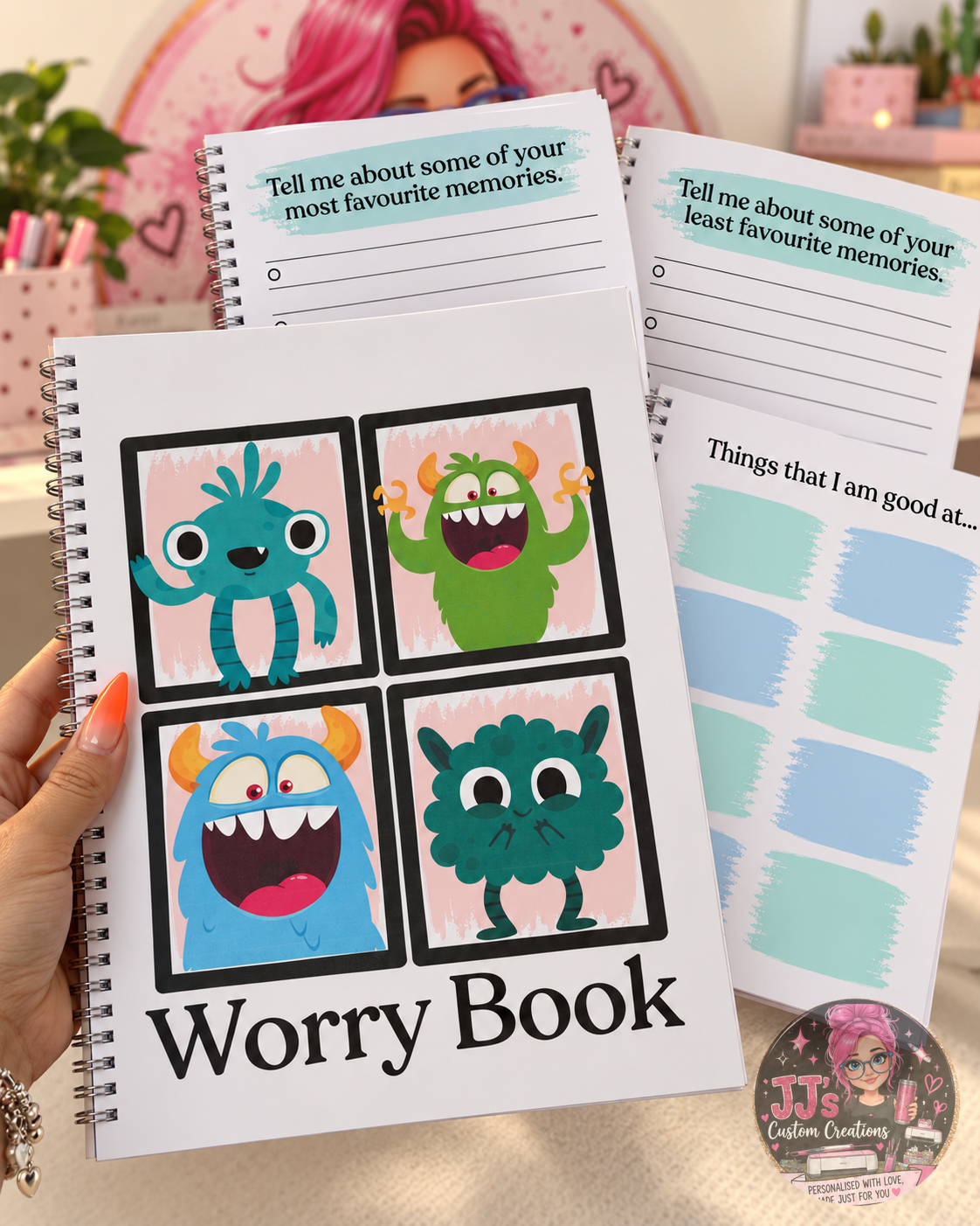 Blue Worry Book mock-up showing inside pages