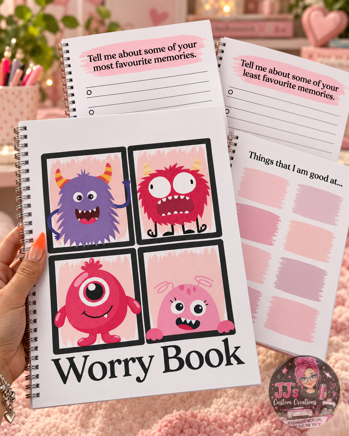 Pink Worry Book mock-up showing inside pages