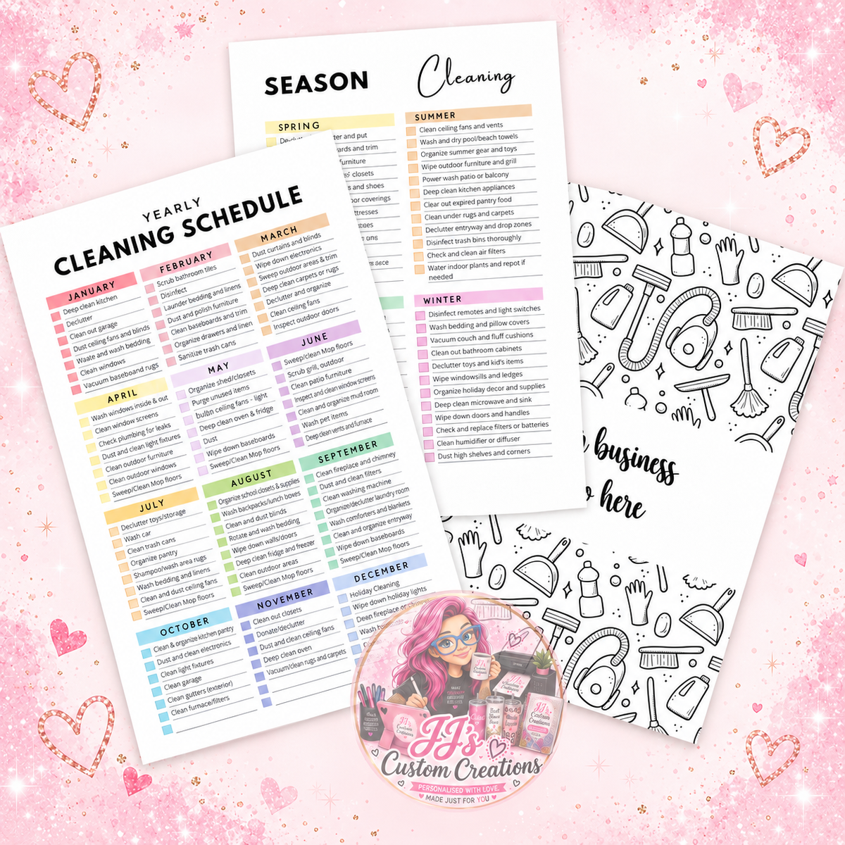 Yearly cleaning schedule and seasonal cleaning pages on JJ's blush pink sparkle background