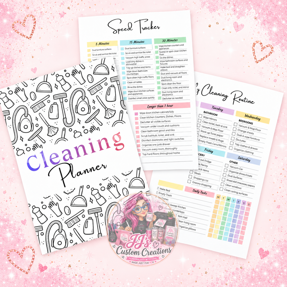 Yearly Cleaning Planner cover, speed tracker and routine pages on JJ's blush pink sparkle background