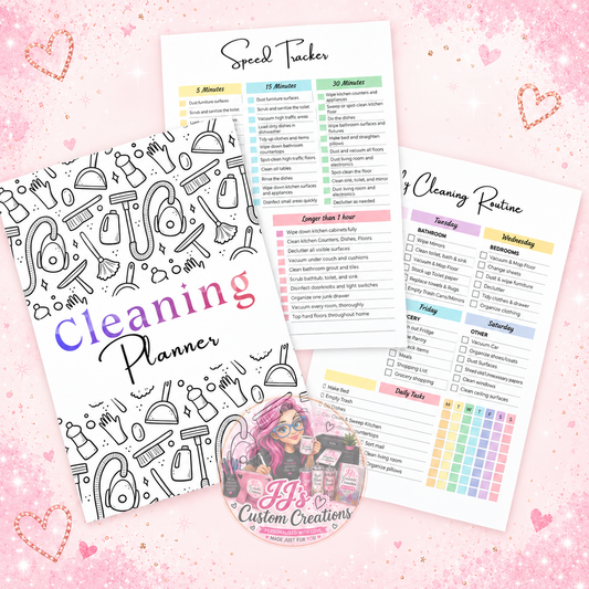 Yearly Cleaning Planner cover, speed tracker and routine pages on JJ's blush pink sparkle background