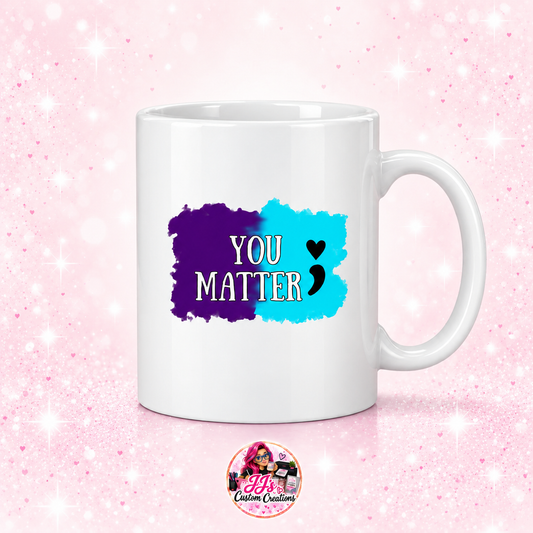 White You Matter mug on a light blush pink sparkle background
